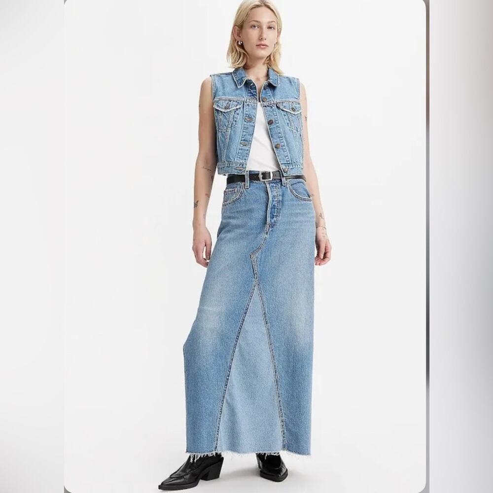 LEVIS Icon Patchwork raw hem western style denim maxi skirt w side slit 26